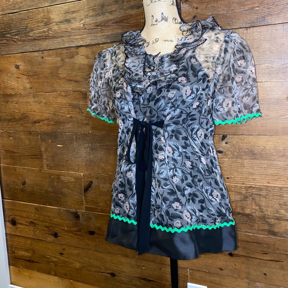 COACH Gray Sheer Ruffle Top